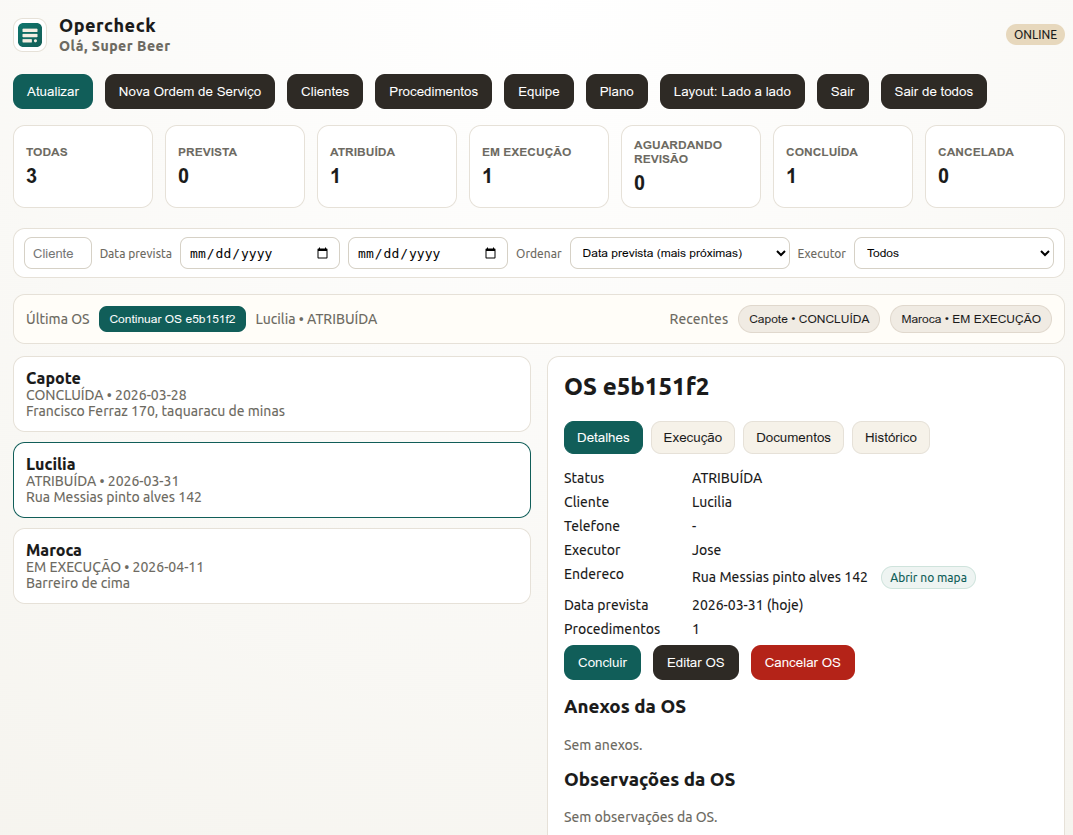 Dashboard de ordens de serviço