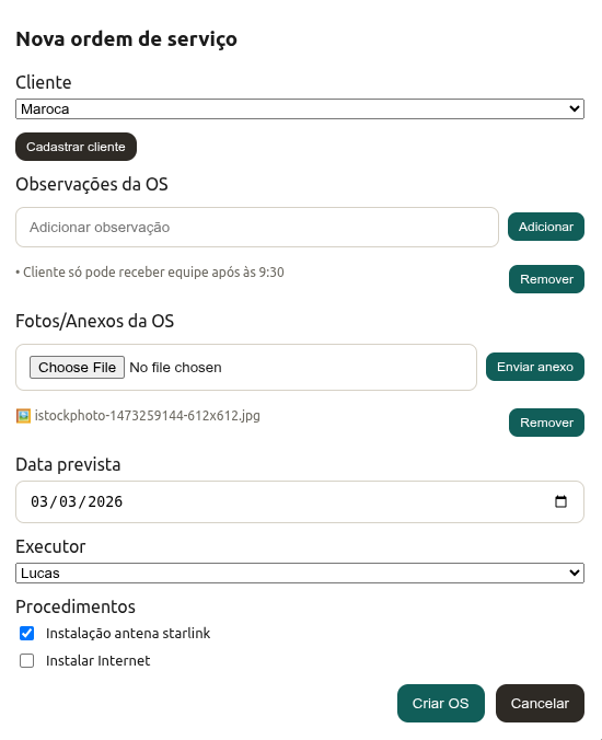 Criação de ordem de serviço
