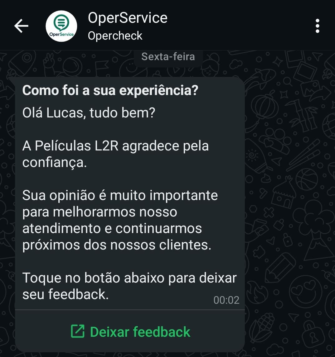 Mensagem de WhatsApp pedindo avaliação
