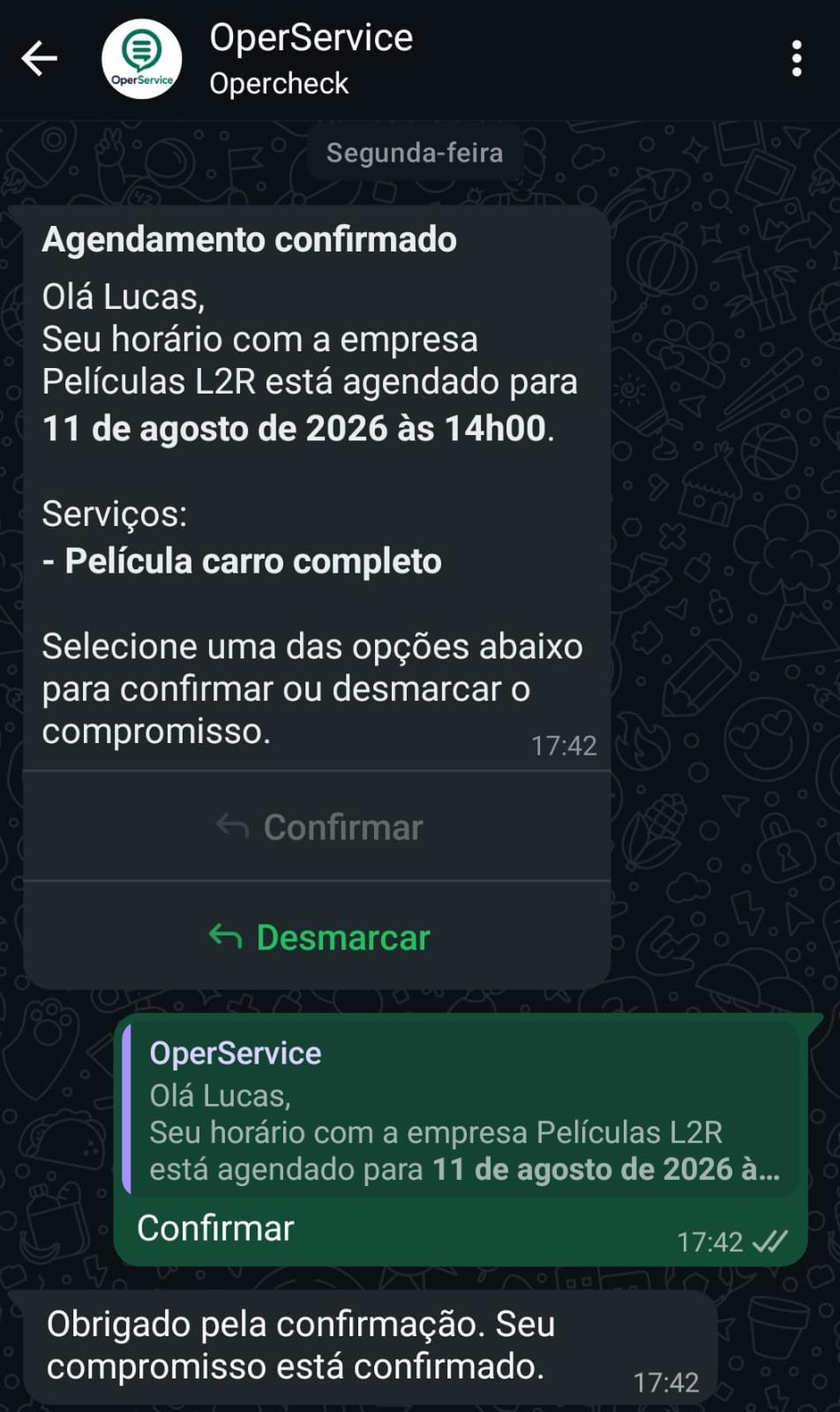 Conversa de WhatsApp com confirmação de agendamento